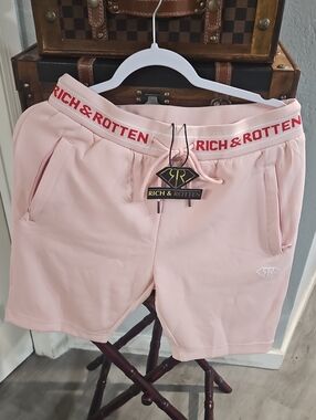 Rich & Rotten Men's Pink Logo-Trim Shorts, Zippered Pockets